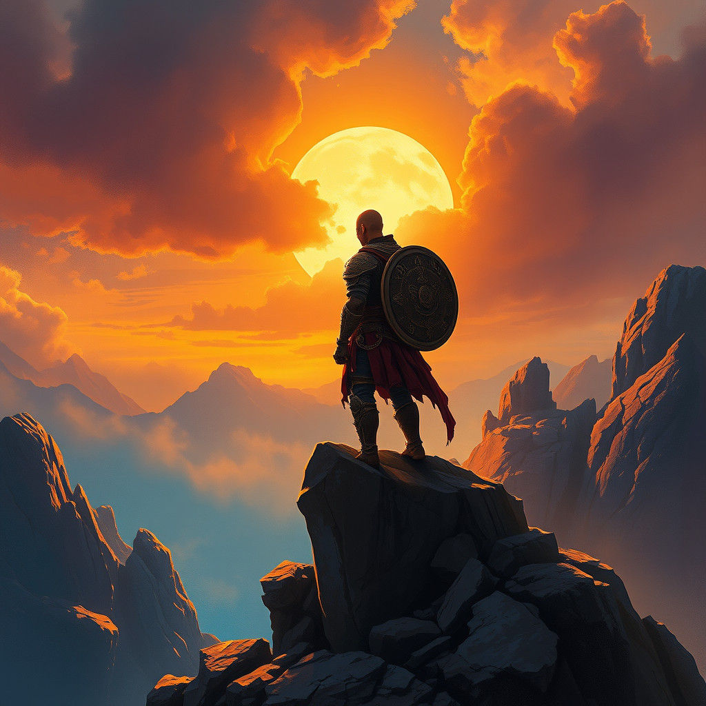 Heroic Bald Warrior at Sunset in Fantasy Art Style