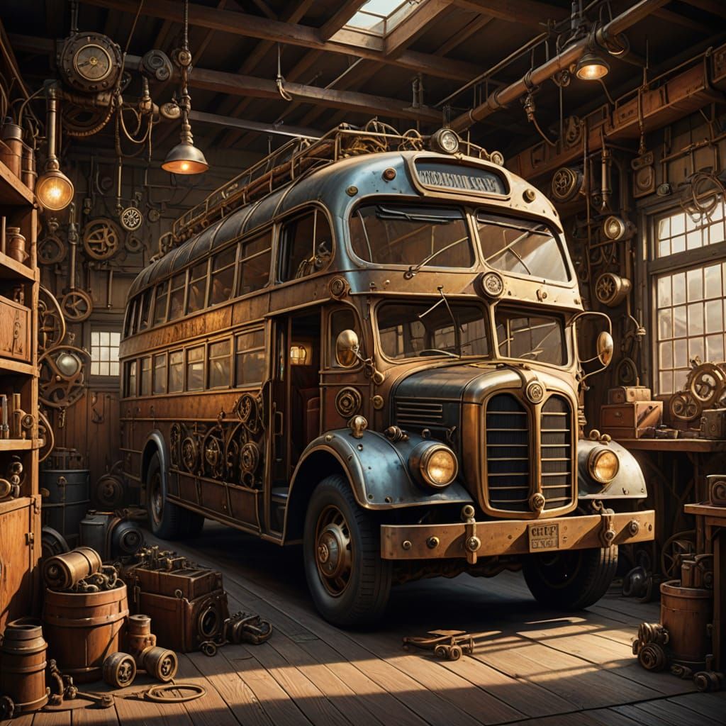 Steampunk Bus Detailed Illustration in Dusty Workshop