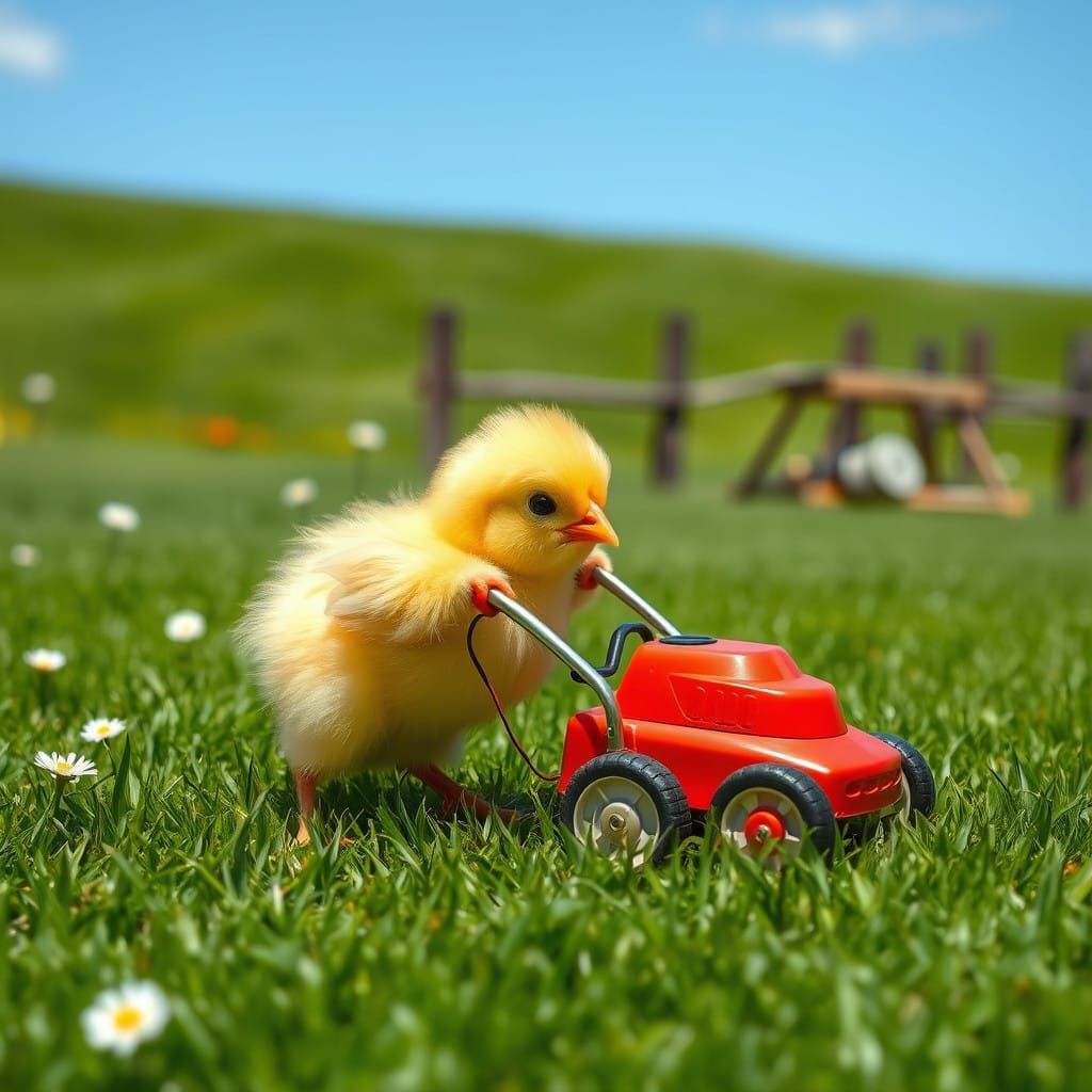 Whimsical Chick Cuts Lawn with Oversized Mower