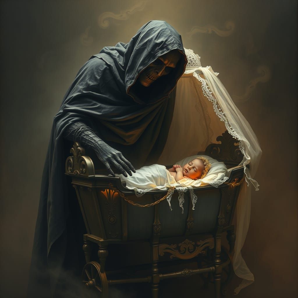 Death Watches Over a Newborn, Dramatic Lighting