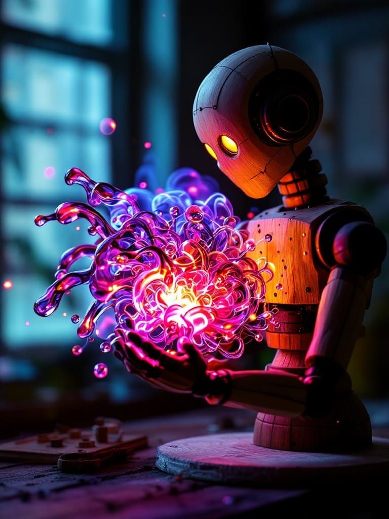 Brave Wooden Automaton About to Reveal Neon Liquid Fire Outline