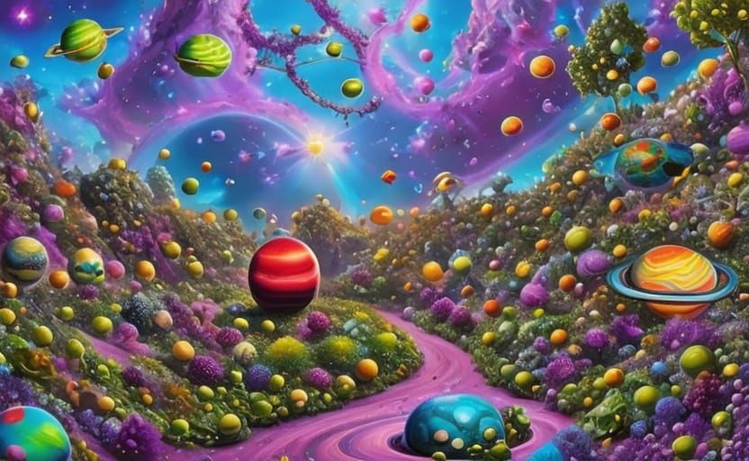 Vibrant Cosmic Garden Blooms with Planets