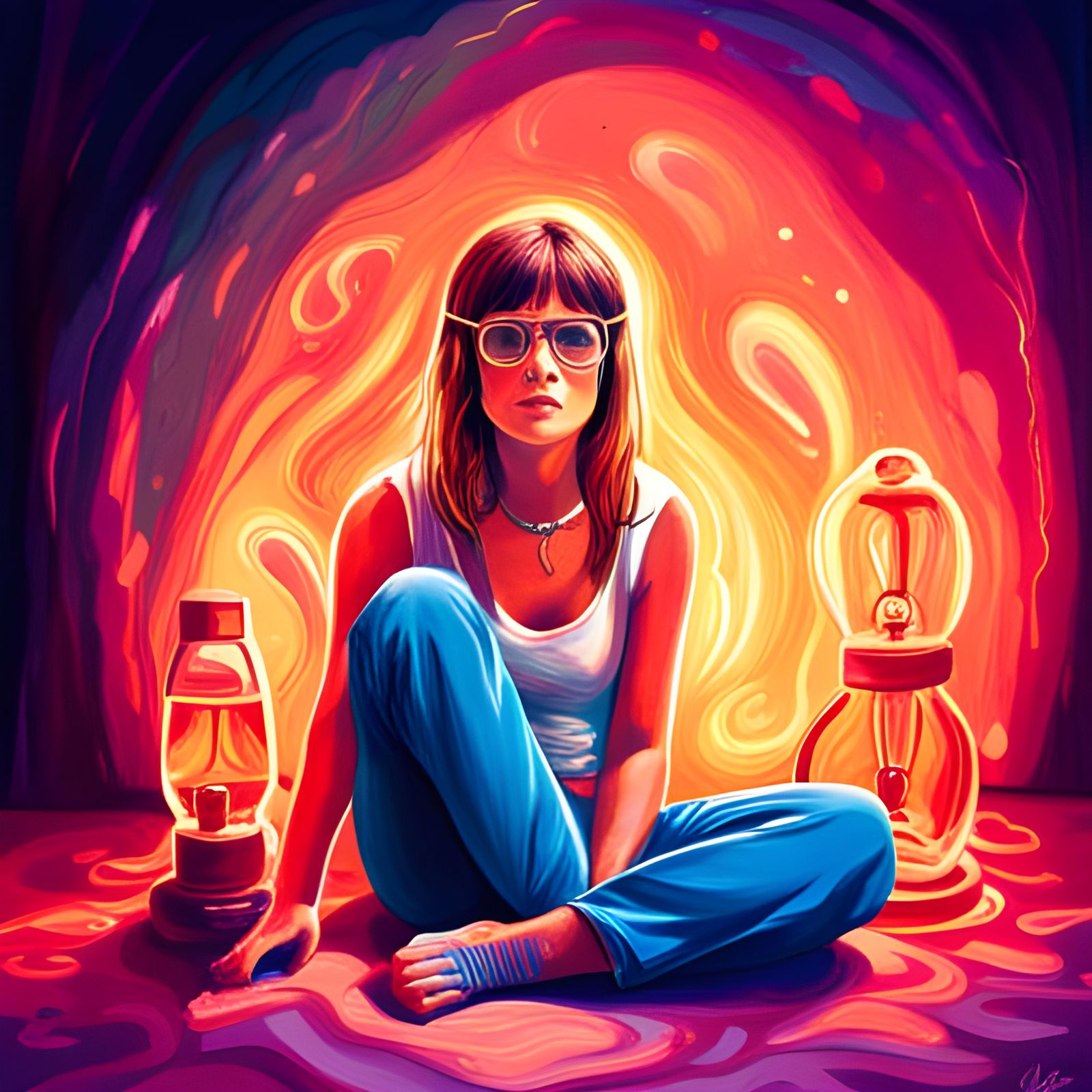 Hippy Girl with Lava Lamp in 70s Style