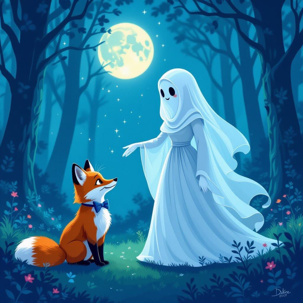 Ghost Teaches Fox to Waltz in Moonlit Forest