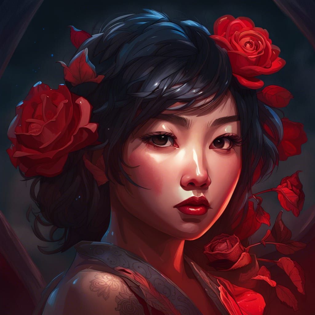 Asian Girl Portrait with Rose and Moon