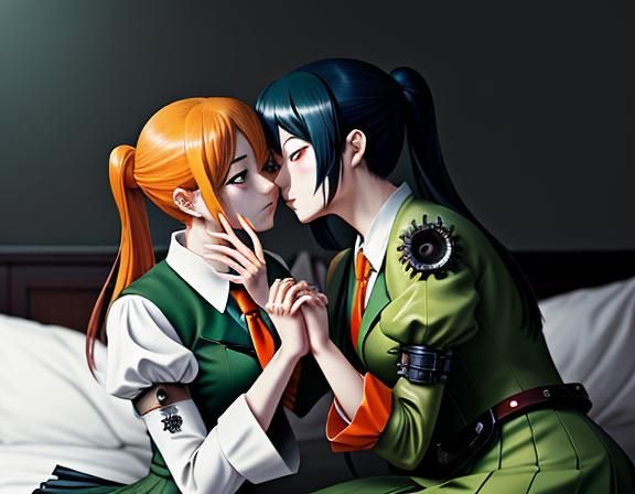 Kemono Twin Sisters Kissing in Steampunk Anime Style