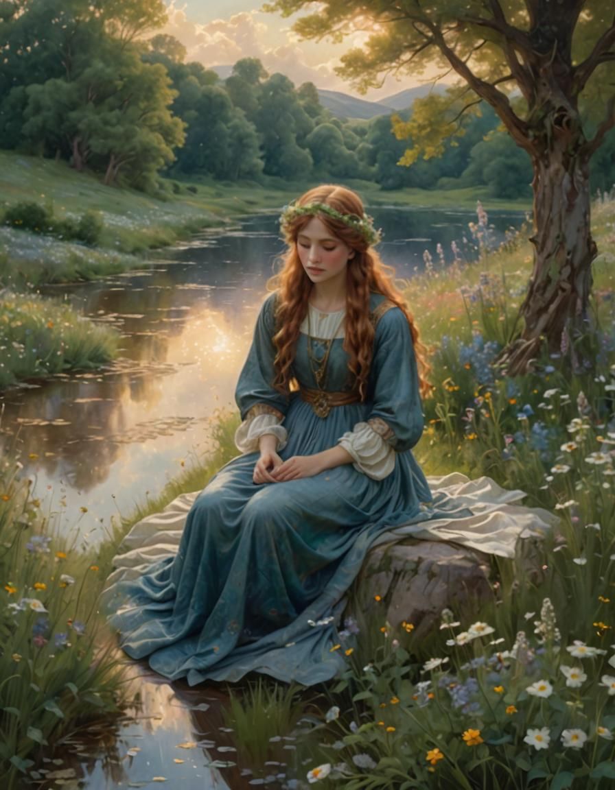 Maiden in Wildflower Field, Pre-Raphaelite Style