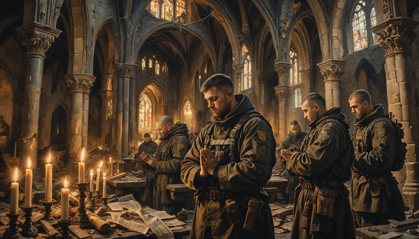 Ukrainian Soldiers Praying in Gothic Church Oil Painting