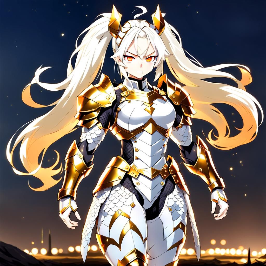 Muscular Armored Woman with Golden Scales, Anime Style