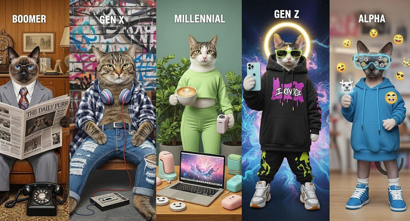Expressive Cats Embodying Human Generations as Fashion Icons