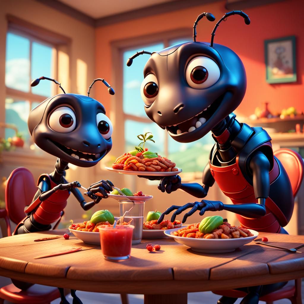 Ant Family Meal: 3D Digital Art in Pixar Style