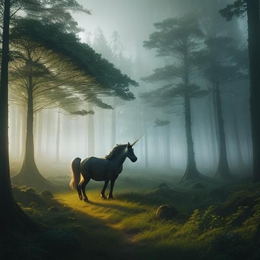 Unicorn in Misty Forest: Cinematic Film Still