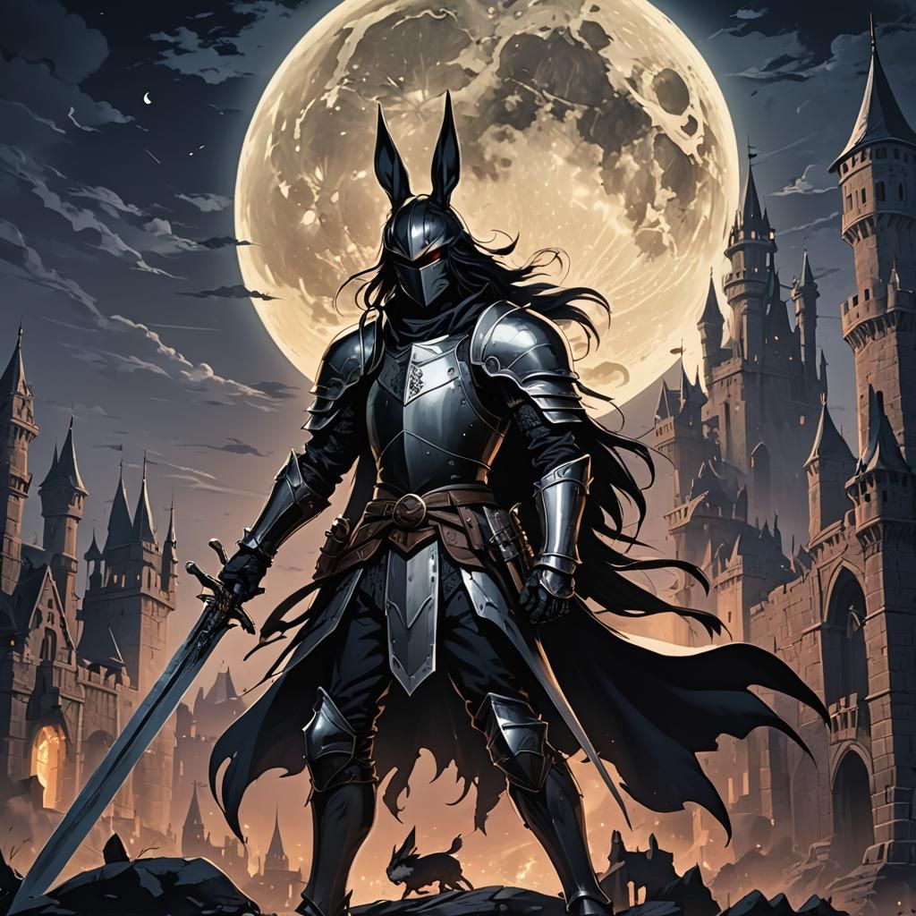 Anime Knight with Rabbit Ears in Dark Castle