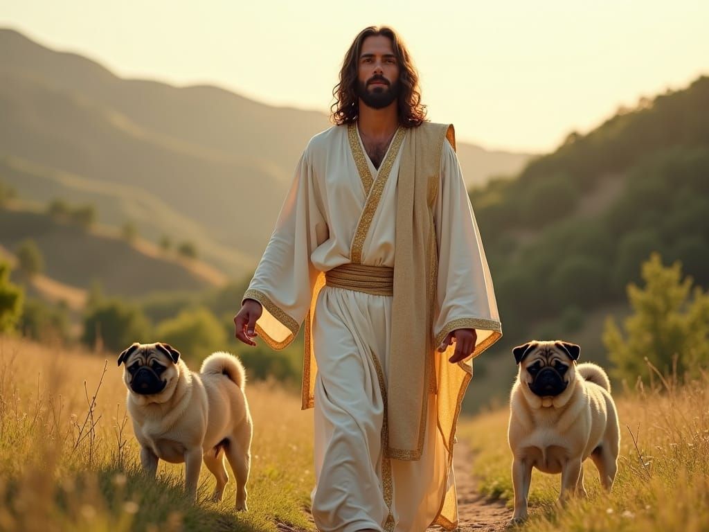 Jesus Walks with Two Gentle Pugs in a Golden Light