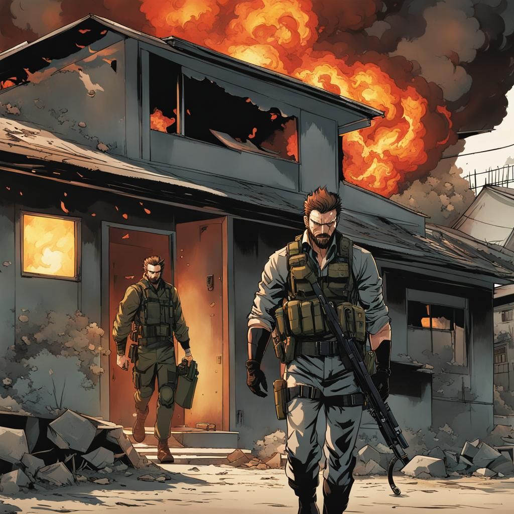 Venom Snake in Anime Art Walks Away From Explosion