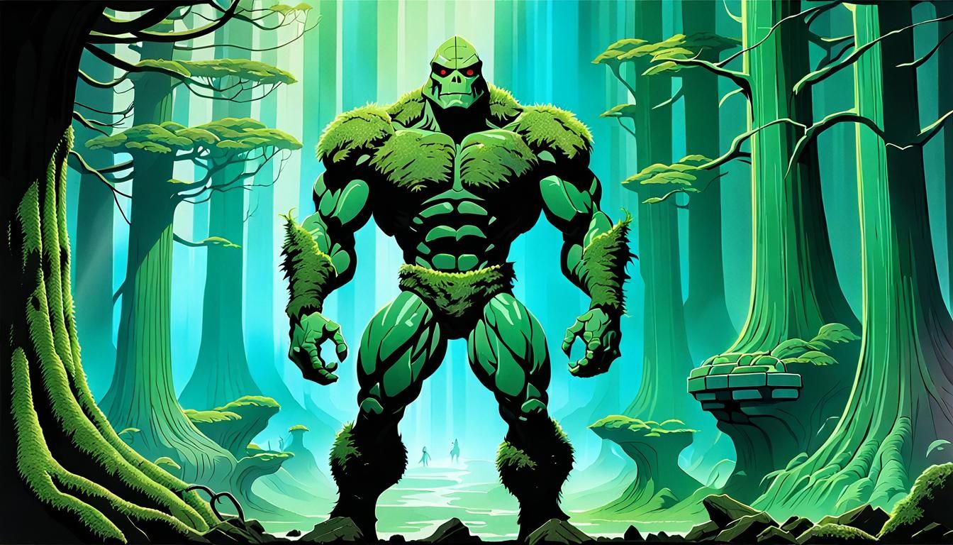 Futuristic Cel-Shaded Moss Man Illustration