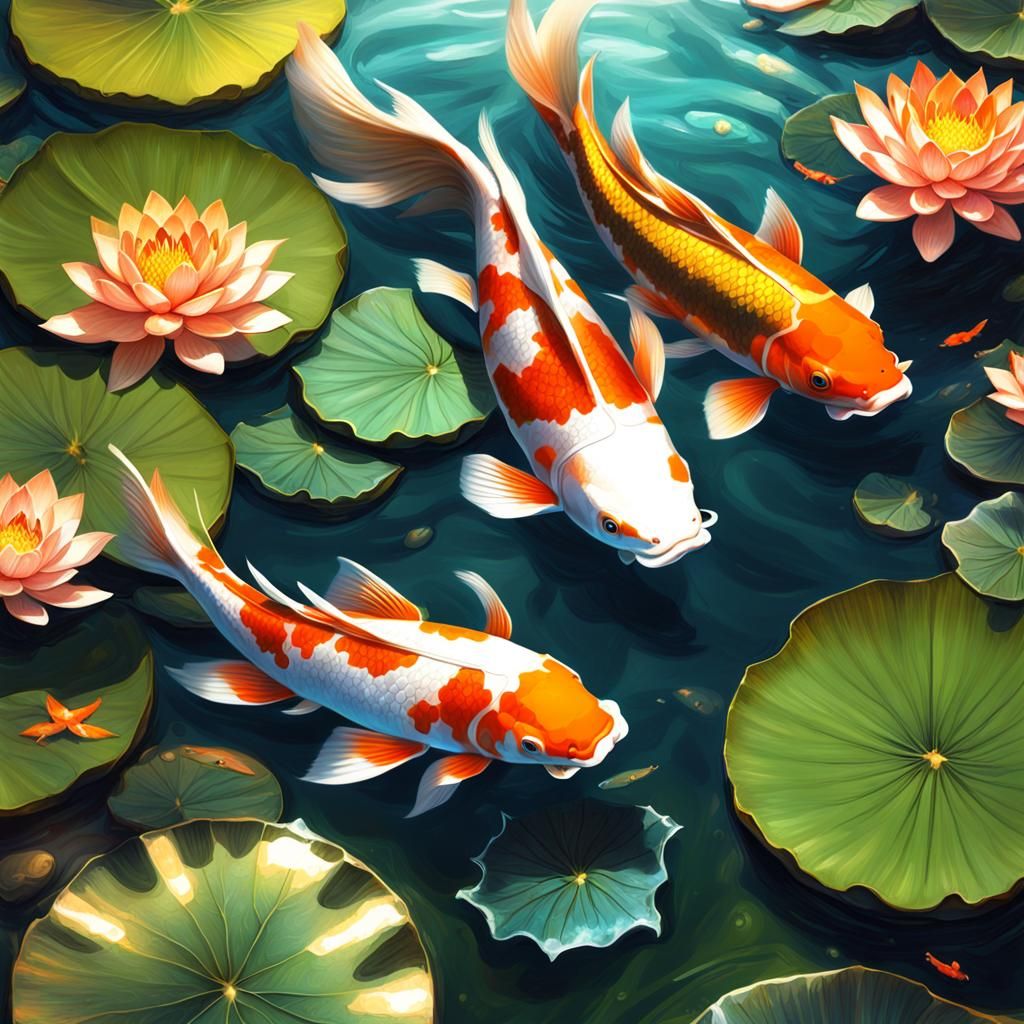 Koi Fish and Lotus Pond in Mixed Media