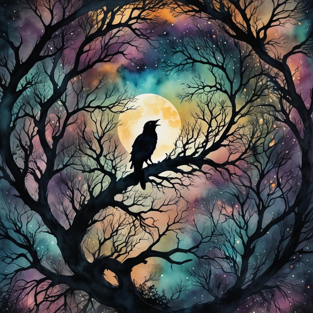 Celestial Raven: Translucent Watercolor Silhouette Art