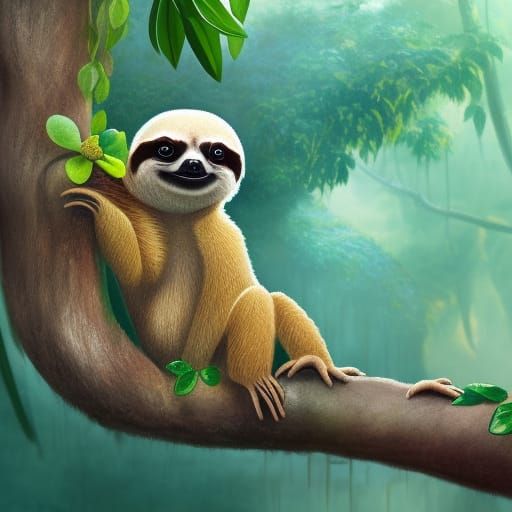 Cute Sloth Portrait in Jungle Fantasy Style