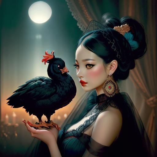 Enigmatic Figures and Chickens in Ornate Setting