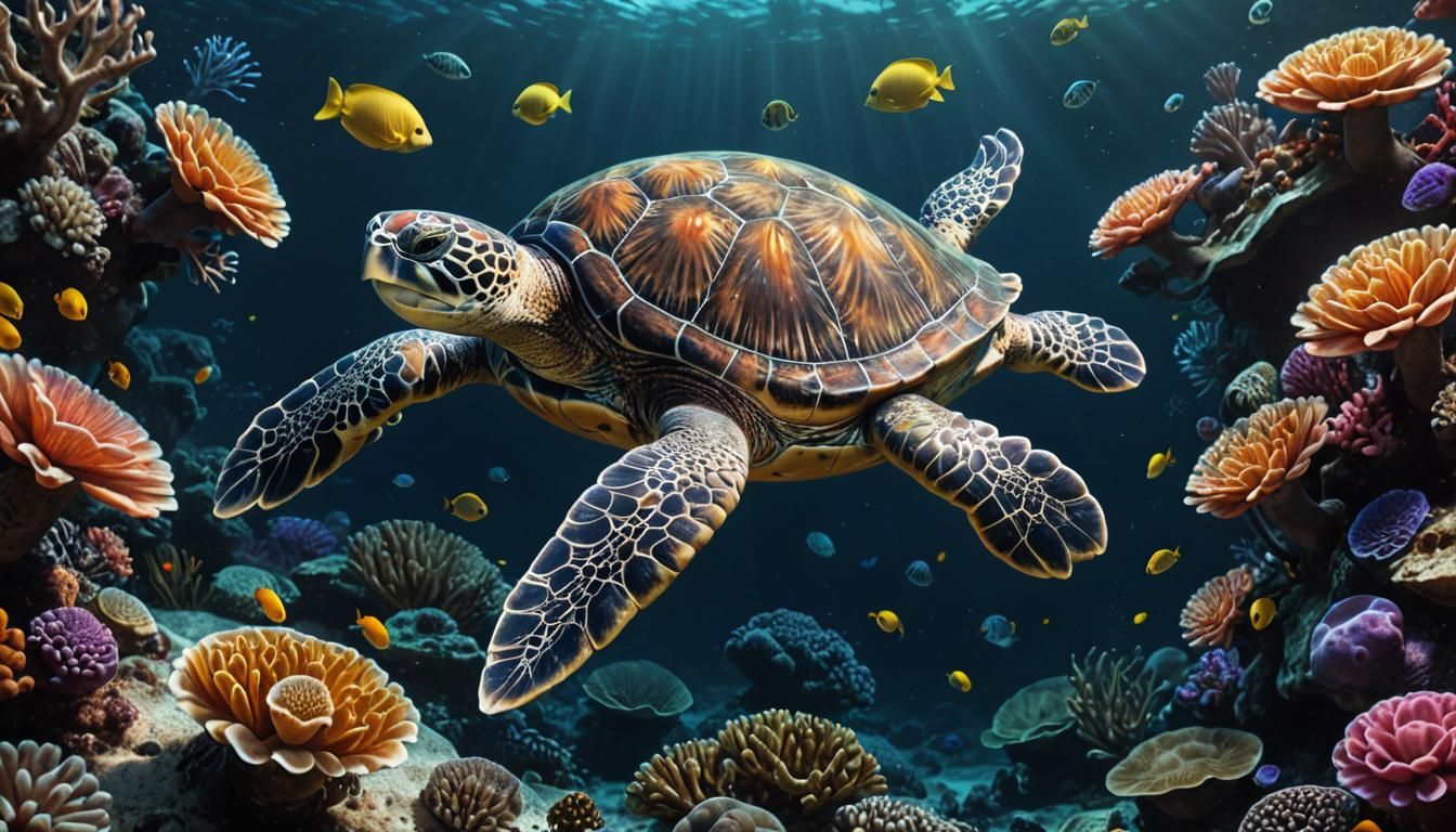 Sea Turtle's Bioluminescent Coral Reef: Underwater Scene