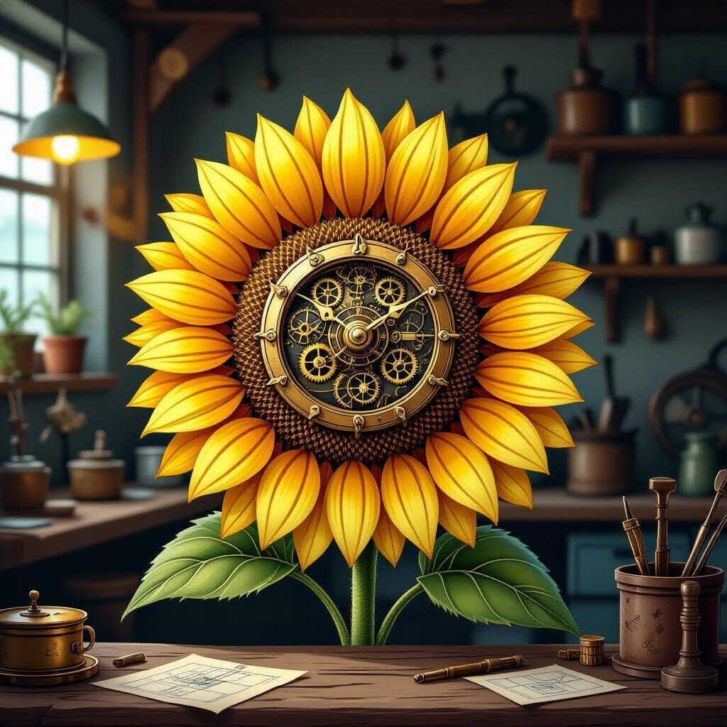 Steampunk Sunflower with Clockwork Petals in Workshop