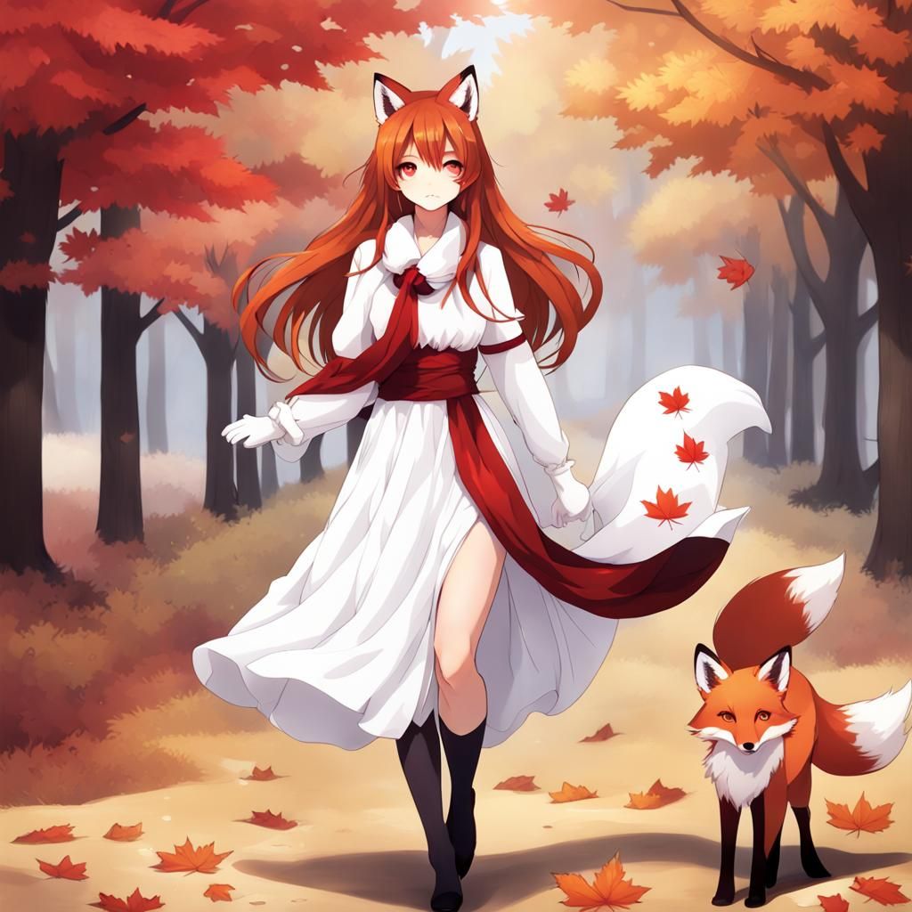Lonely Red-Haired Fox-Girl in Silk Dress
