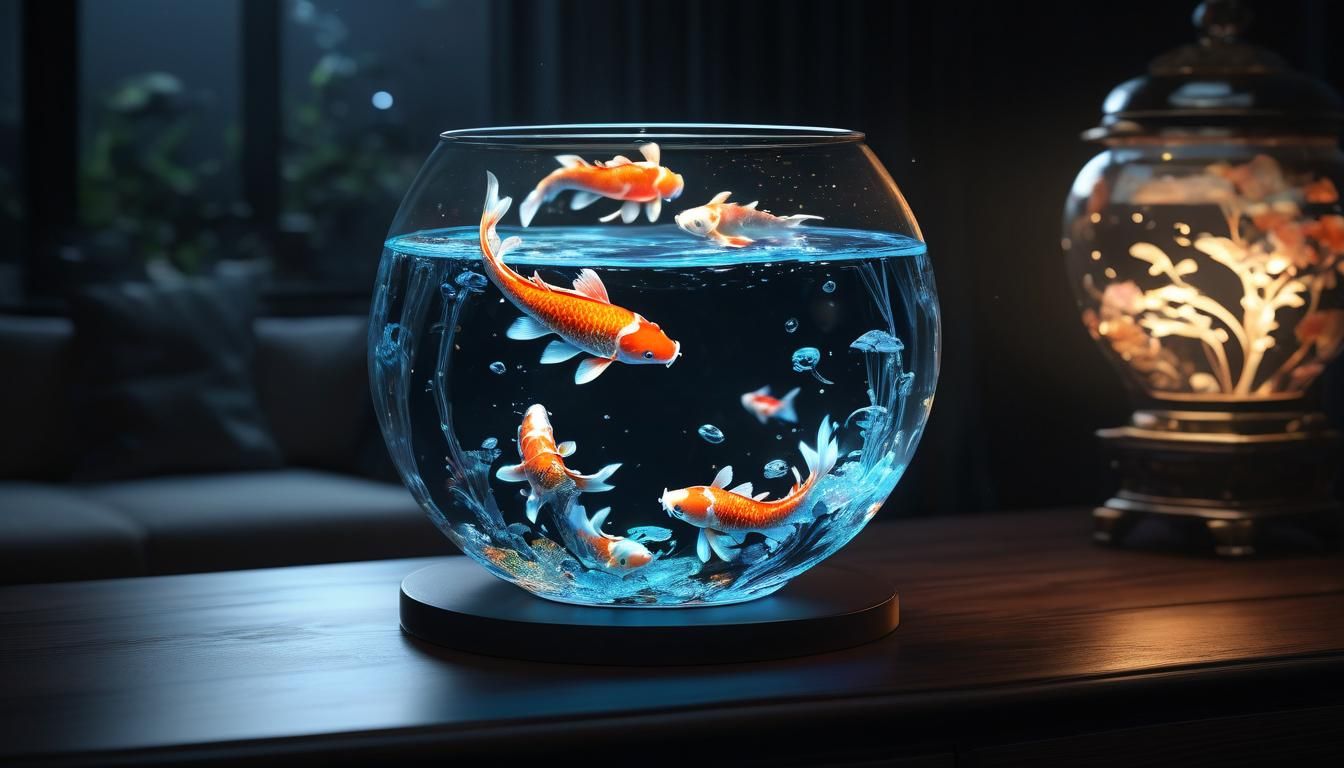 Holographic Koi Fish Diving into Porcelain Bowl