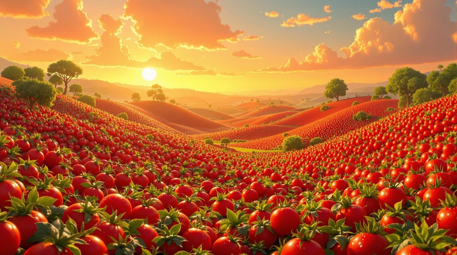 Surreal Tomato Landscape in Vibrant Pixar Style