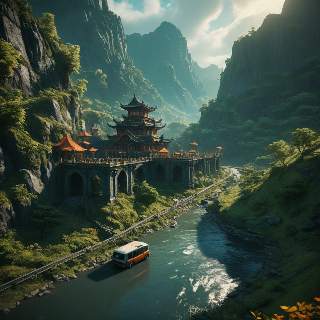 Majestic Mountainside Landscape with Winding Road and Serene...