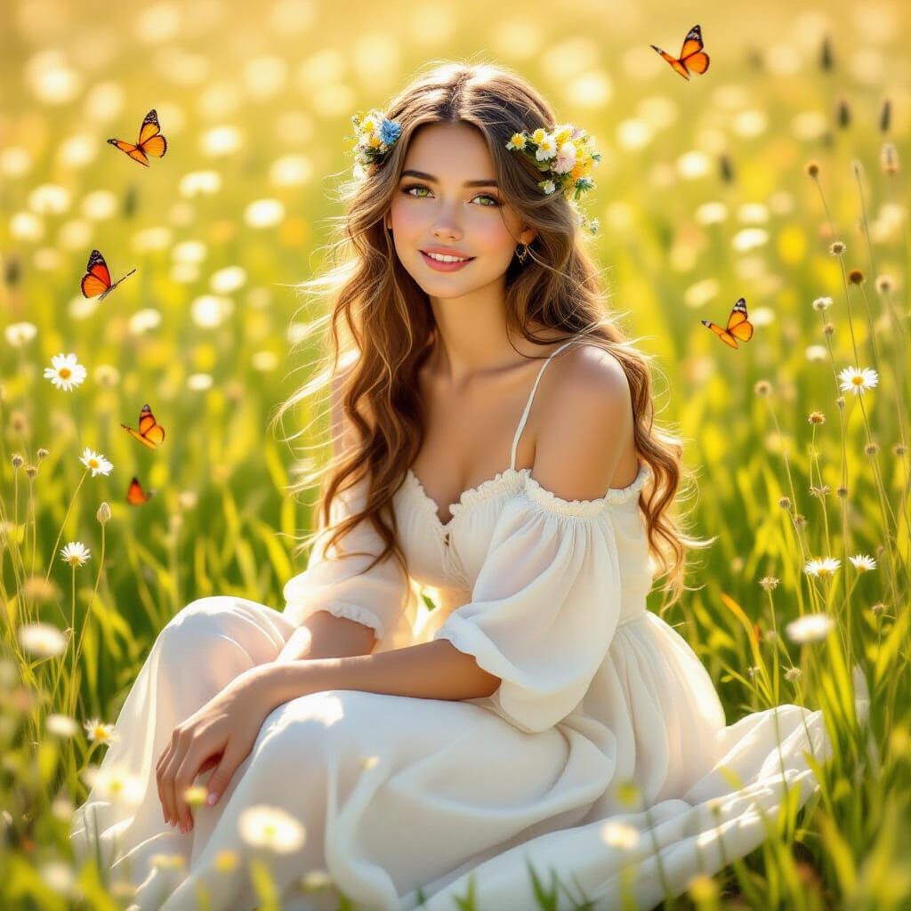 Radiant Woman in Meadow Inspired by Pre-Raphaelite Art