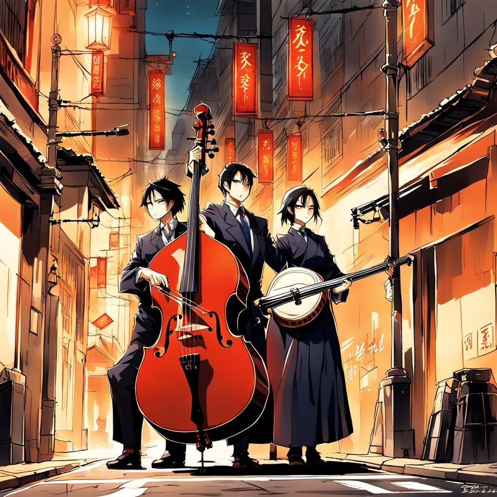 Anime Style: Chinese Musicians with Double Bass