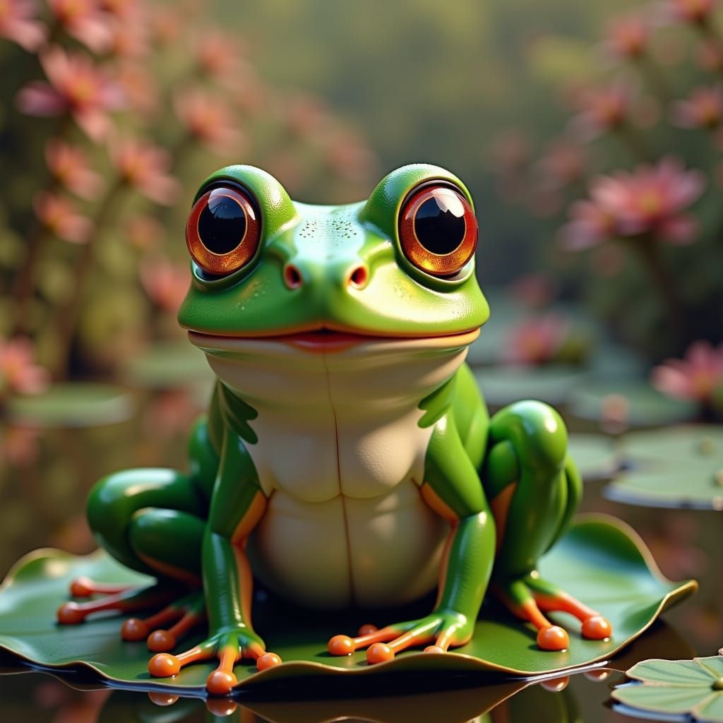 Cute Cartoon Frog Croaking on Lily Pad in 3D Style