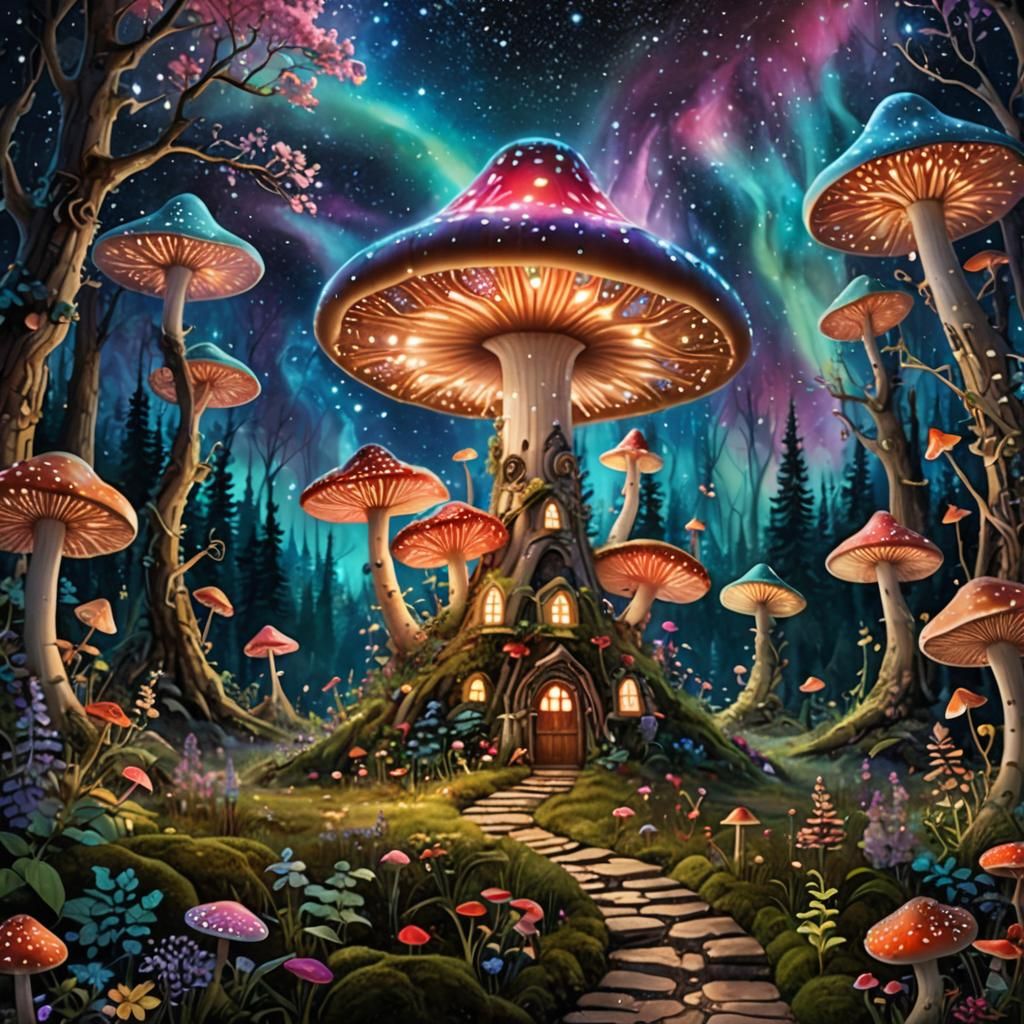 Enchanted Mushroom Forest Under Aurora Sky
