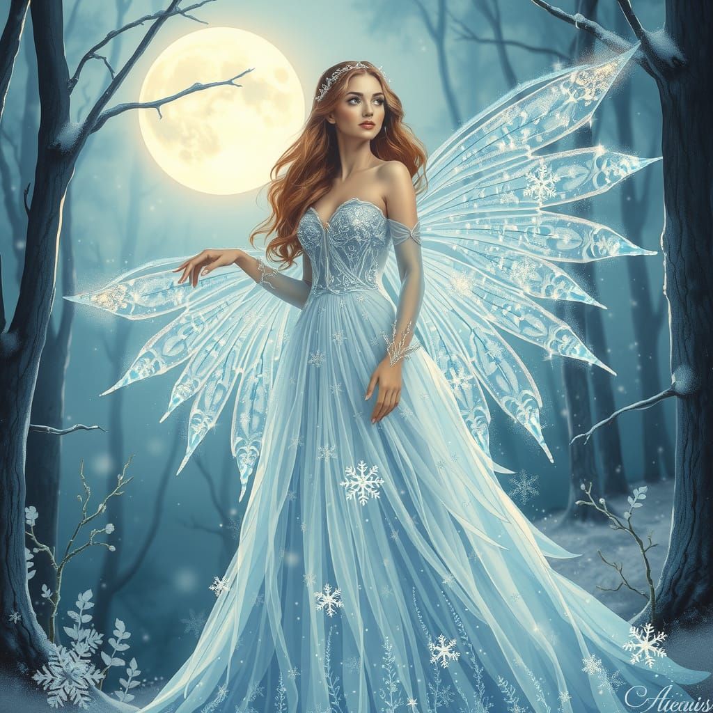Winter Fairy Princess in Ethereal Moonlit Forest