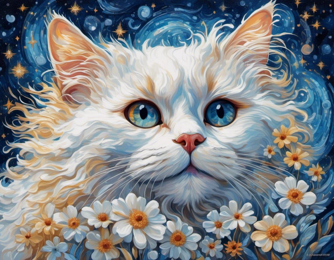 White Cat in Van Gogh Starry Night Oil Painting