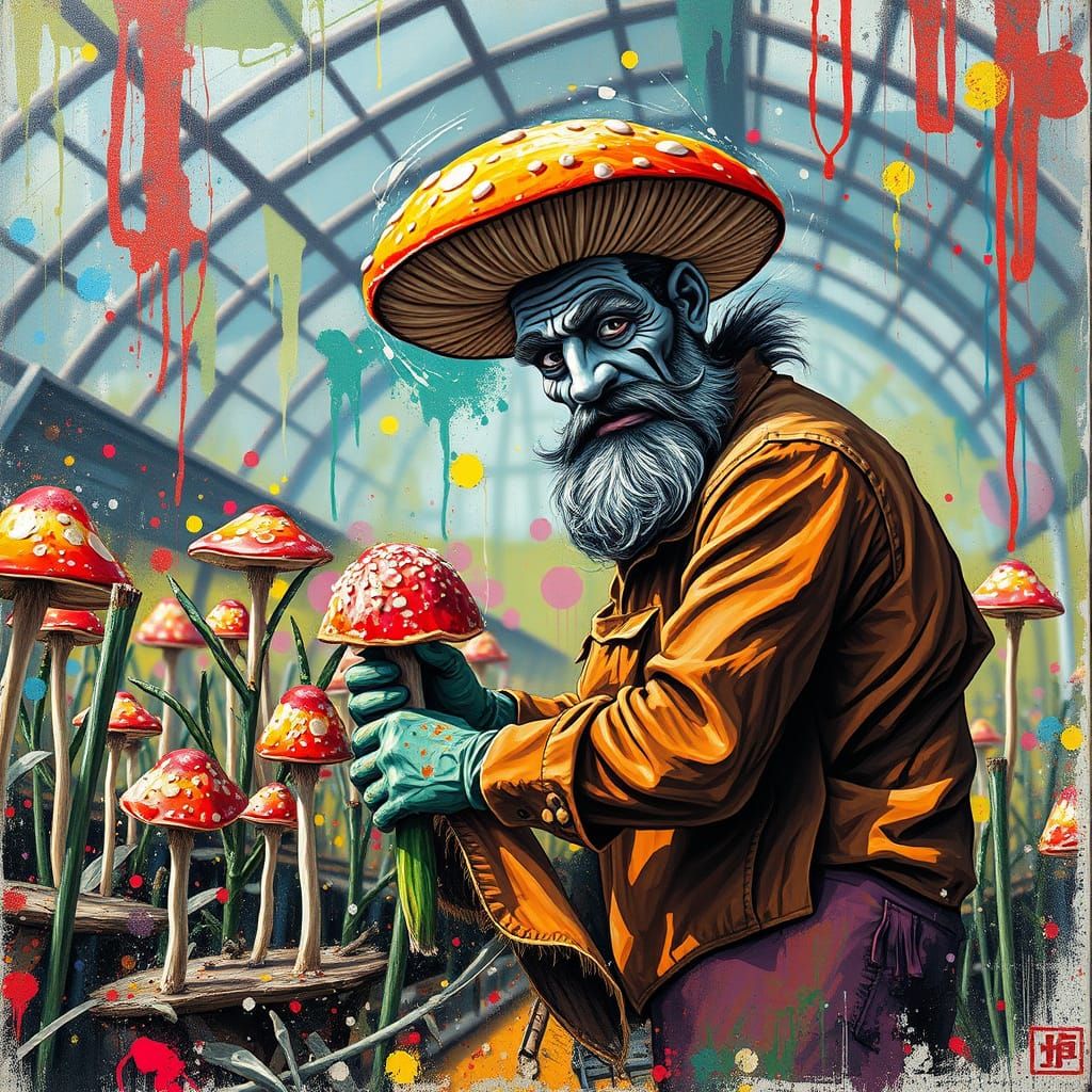 Vibrant Street Art of a Mushroom Farmer