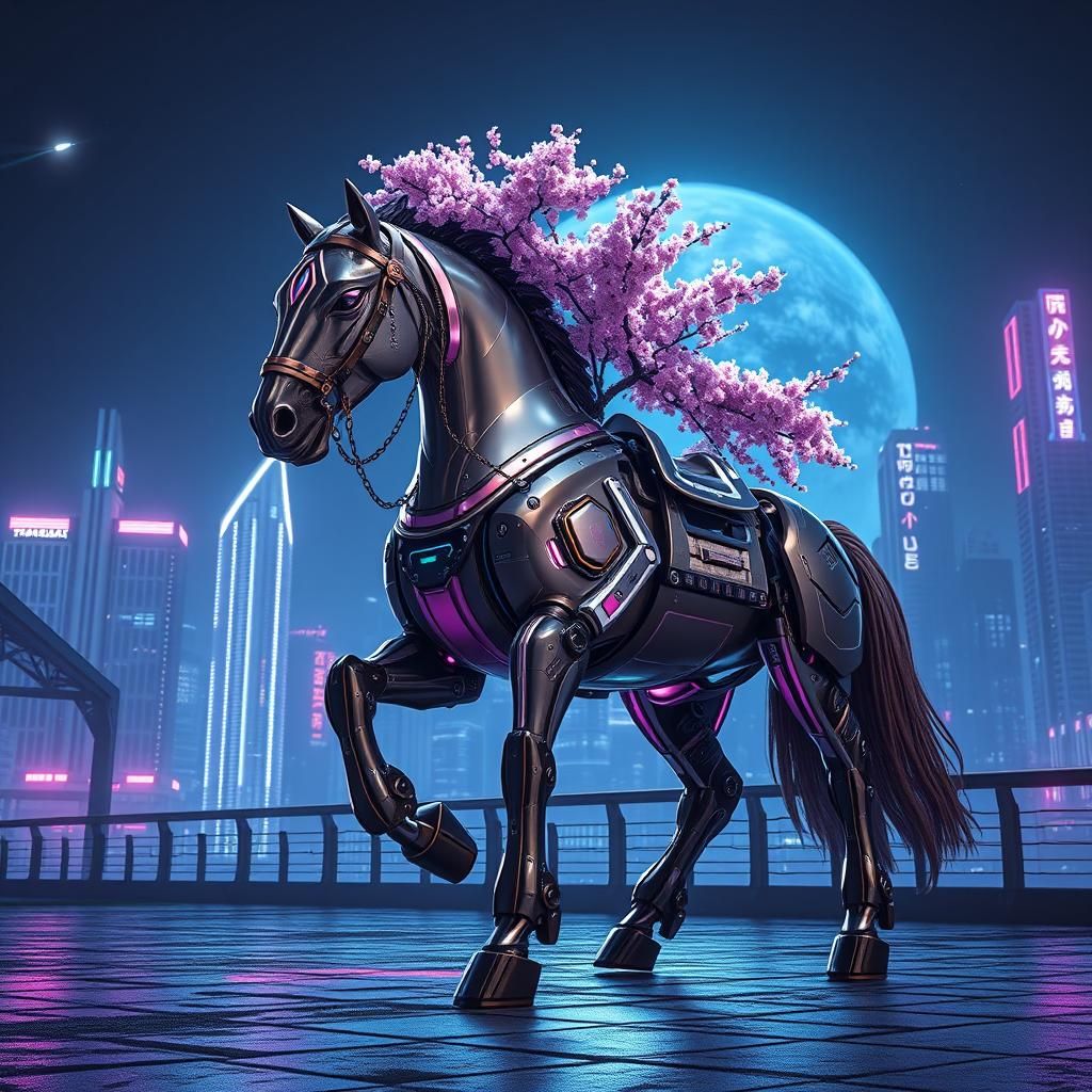 Sakura Mech Horse in Cyberpunk Sci-Fi