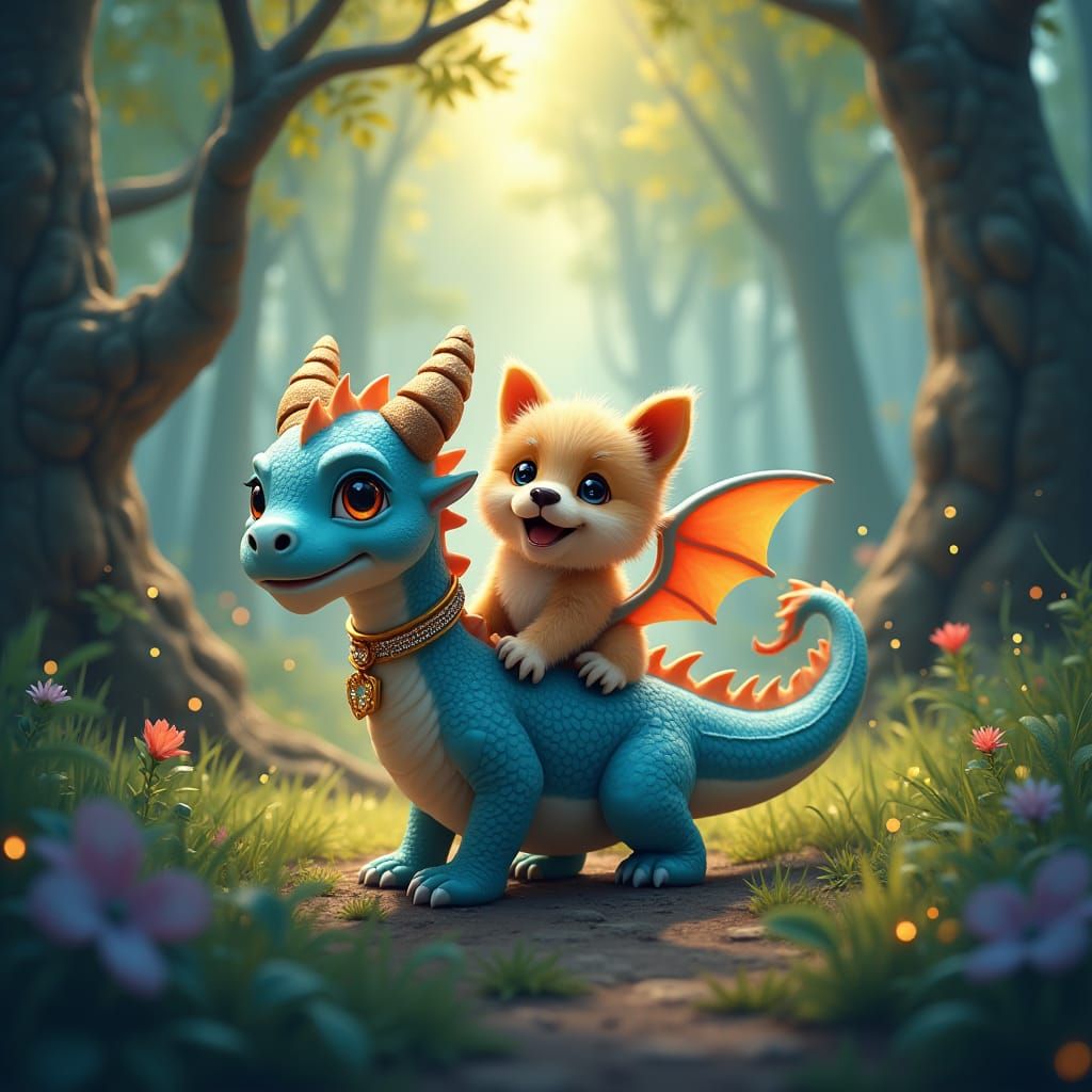 Dragon Rides Dog in Sparkling Magic Forest