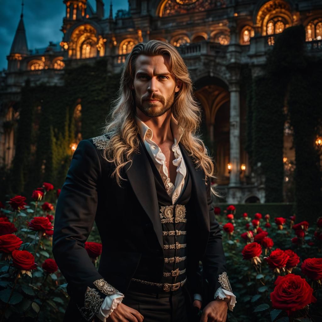 Handsome Prince Charming in Eerie Rose Garden