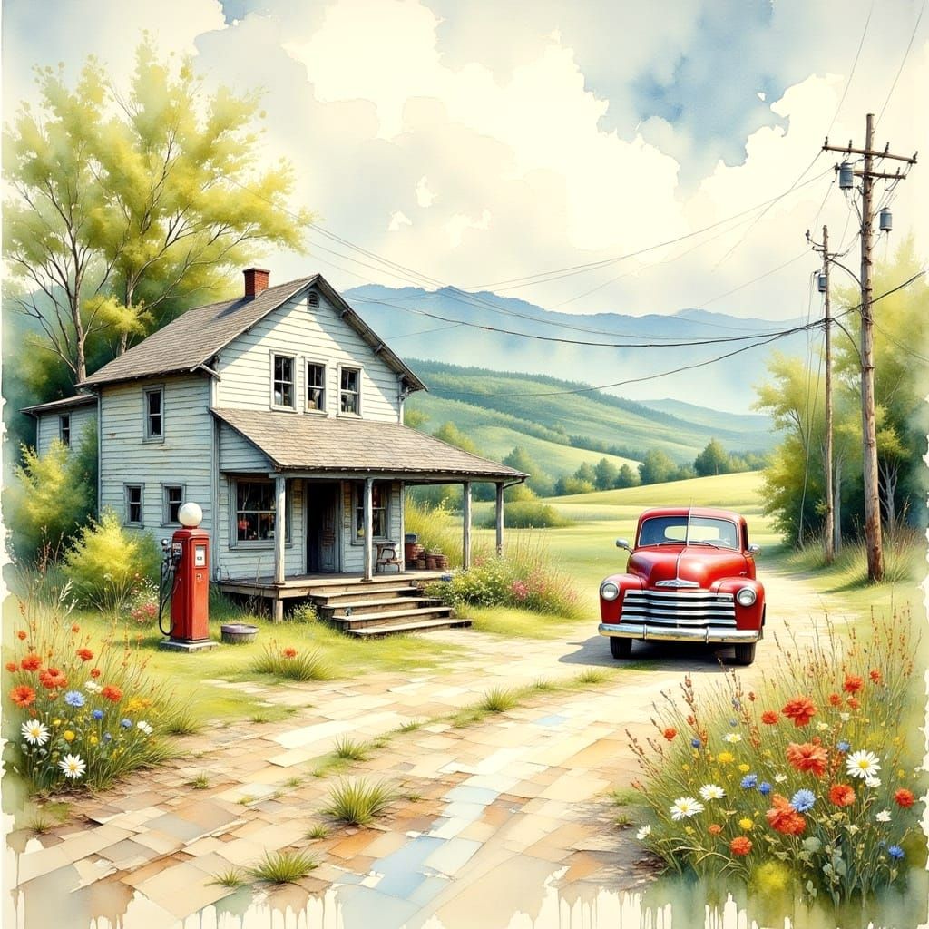 Springtime in a Rustic Village: Watercolor Painting of a Qua...