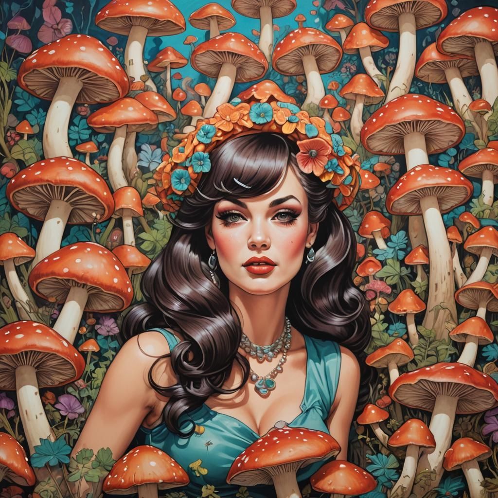 Psychedelic Mushroom Pin-Up in Keith Garvey Style