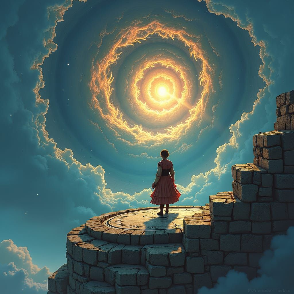 Time Traveler Watching Time Reverse, in 3D Anime Art