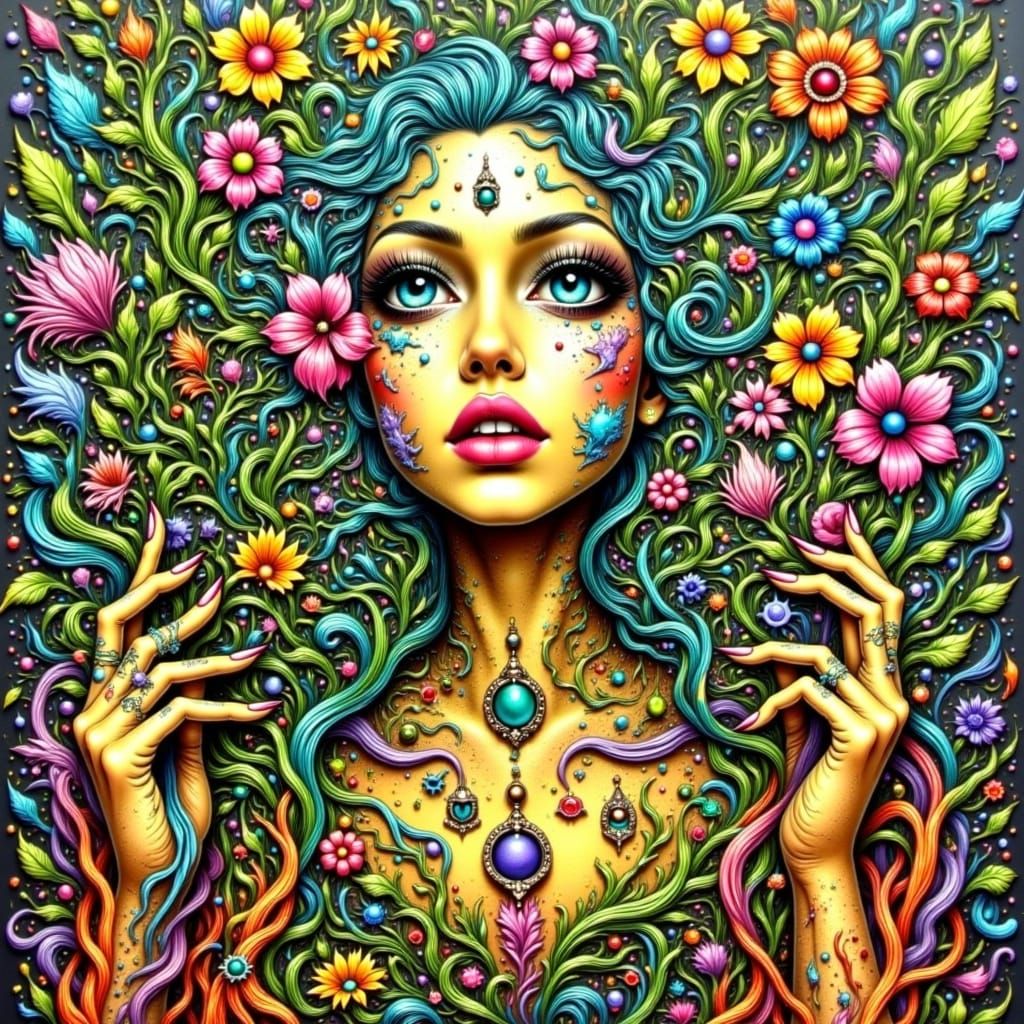 Harmonious Woman Spreading Love in Whimsical Pop Surrealism