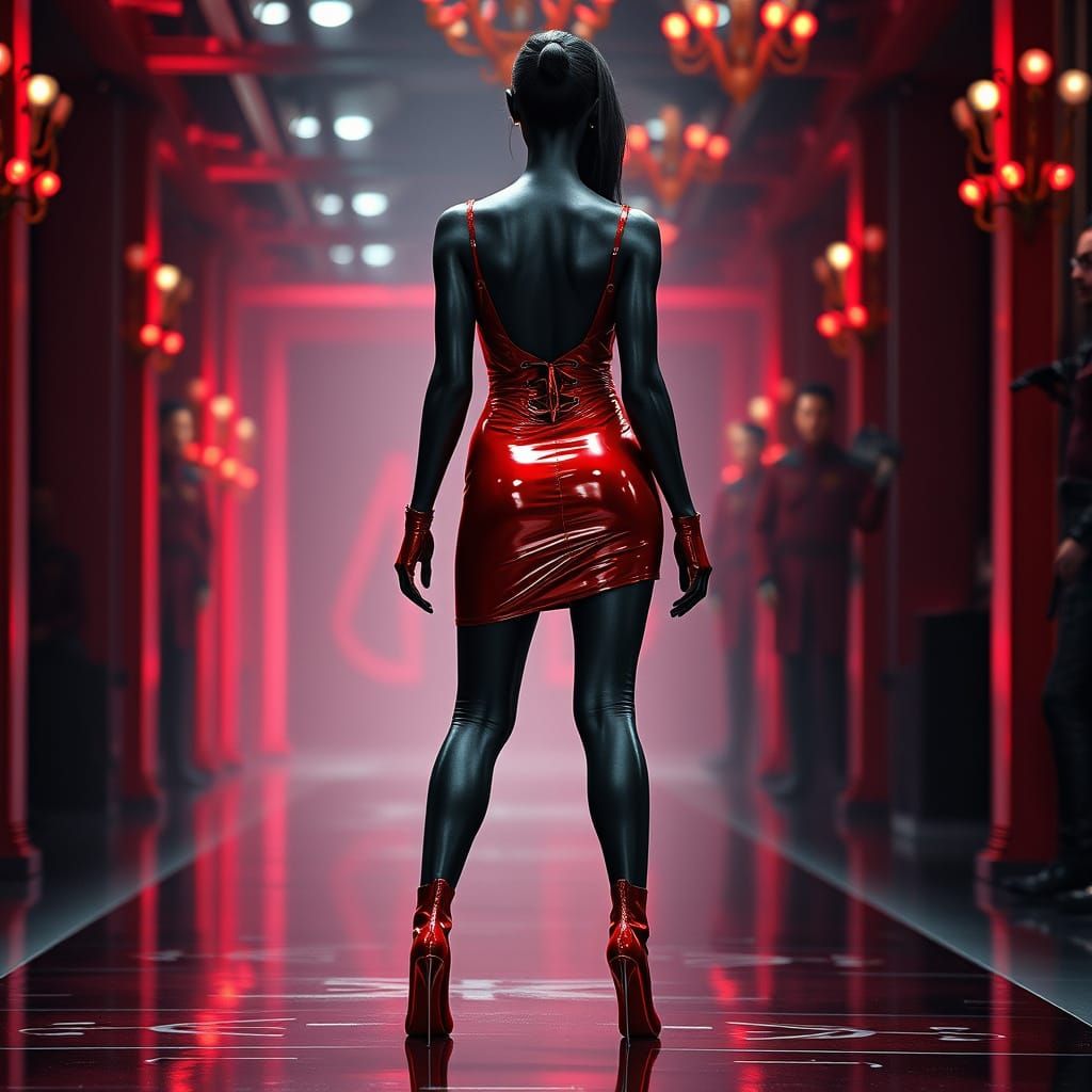 Sultry Red Latex Goddess Struts Her Stuff on the Catwalk