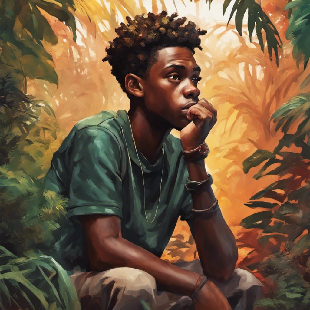 Contemplative Boy in Jungle, Hyperrealistic Splash Art