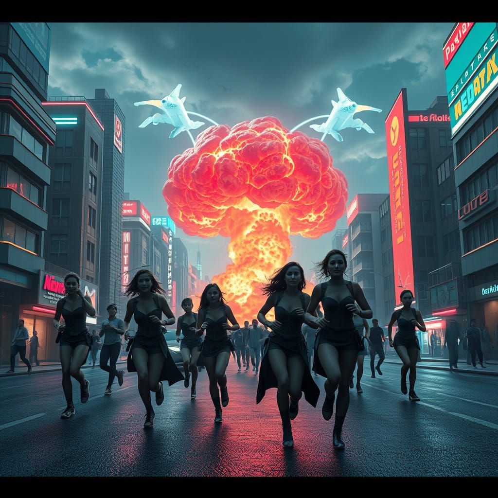 Futuristic Apocalypse Runners in Neon-Hued Urban Landscape