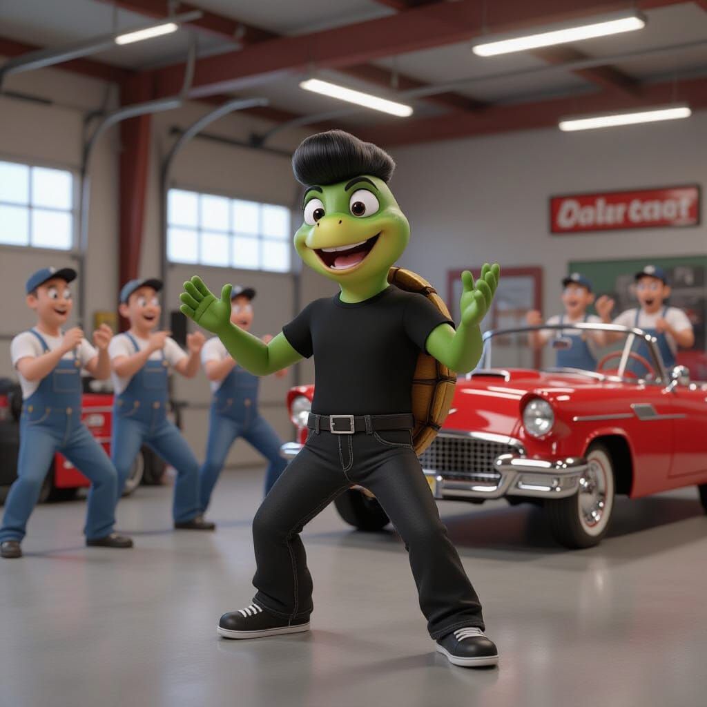 Turtle Singer in 1950s Garage: 3D CGI Cartoon