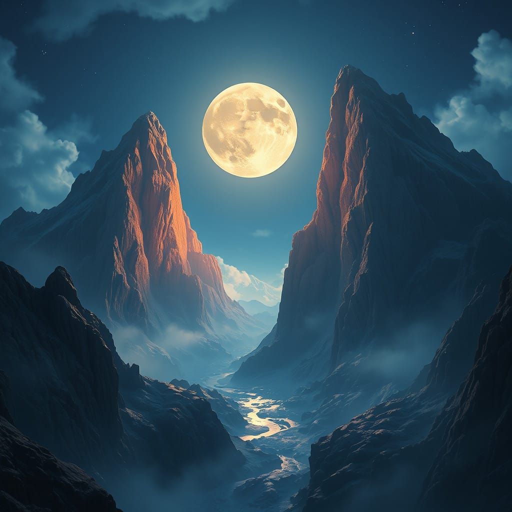 Luminous Moonlit Landscape between Majestic Peaks