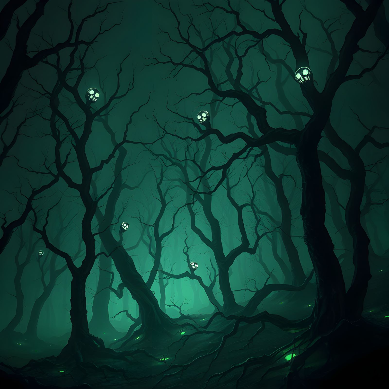 Eerie Dark Forest with Glowing Eyes, Fantasy Concept Art